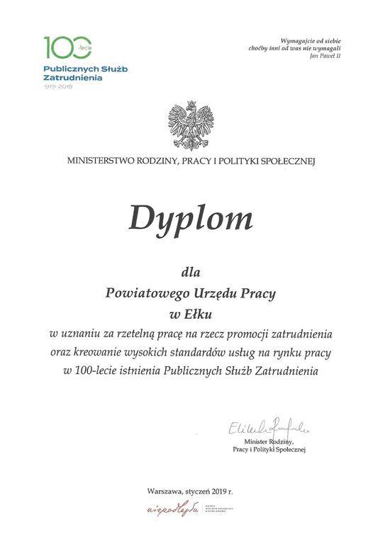 Dyplom Powiatowego Urzędu Pracy w Ełku
